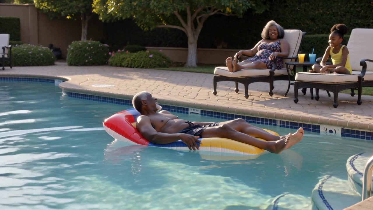 Drifting senior man in trunks on float relaxing in home pool, sunlight nudging family watching