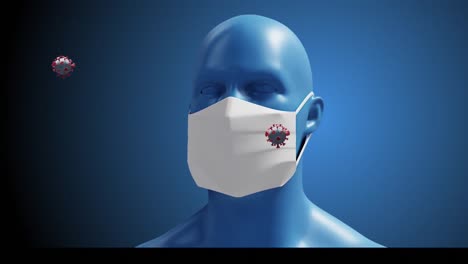 animation of human head wearing face mask and virus cell floating on blue background