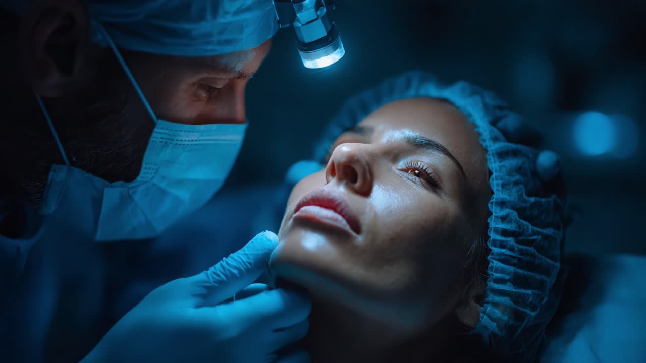 A close-up examination of a patient's facial treatment in a dimly lit medical environment, showcasing the care and precision of the healthcare professional during a cosmetic procedure
