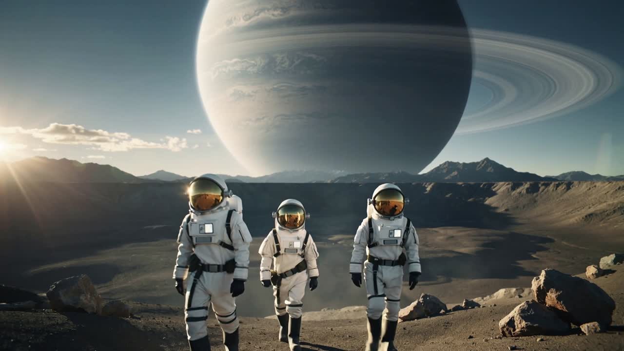Tre rumklædte astronauter udforsker en kraterflade, kameraet zoomer ind og viser en ringplanet