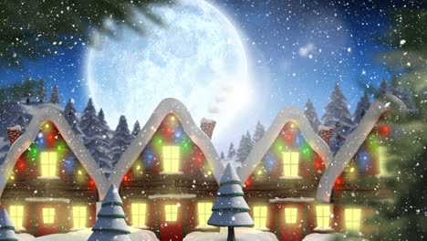 Animation-Von-Schnee,-Der-über-Schneebedeckte-Häuser-Fällt,-Die-Mit-Weihnachtslichtern-Und-Mond-Geschmückt-Sind