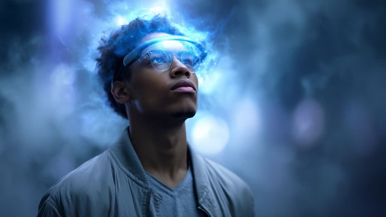 Un giovane uomo con occhiali futuristici vive un momento di riflessione in un contesto misterioso, ricco di energia cosmica ed effetti di luce vibranti.