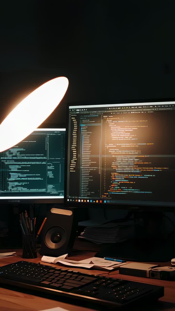 Vertical video: Tilting camera shot starting upward at home, revealing lamp glare on dual monitors
