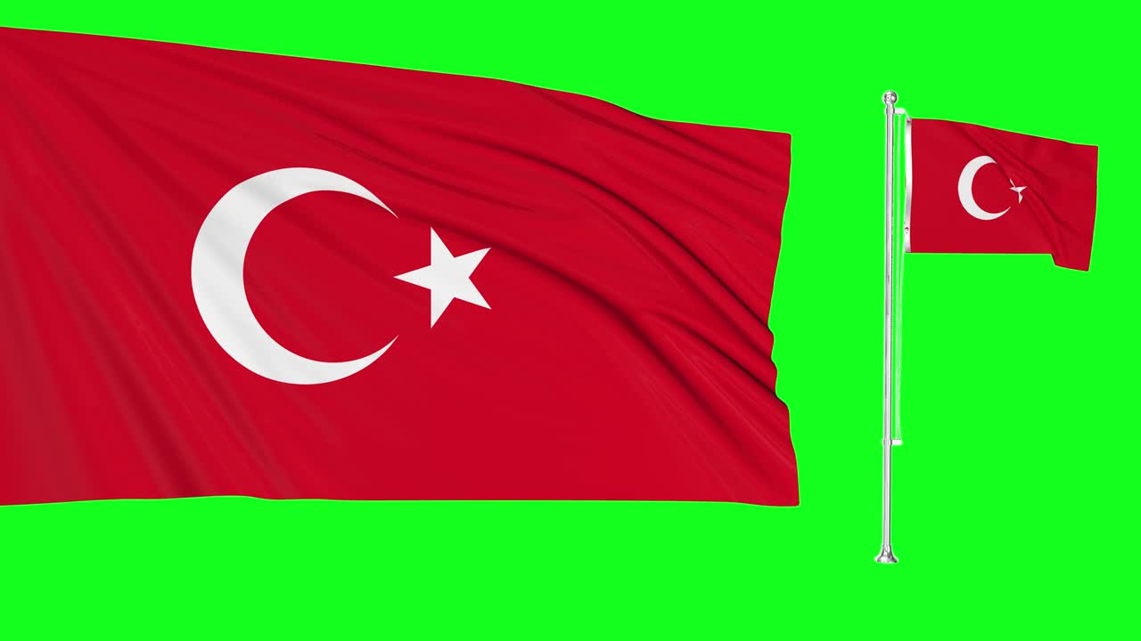 Green screen Tyrkiet to flag vifter i vinden tyrkisk flagstang animation 4K 3D chroma key