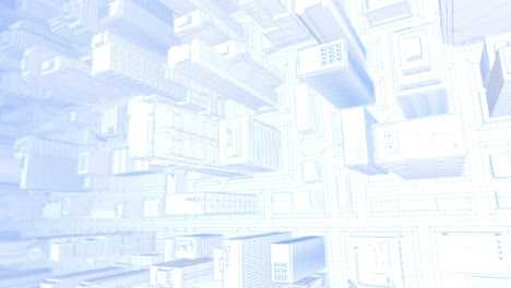 looping blue and white wireframe city – spinning top shot