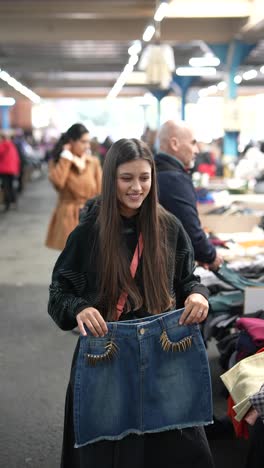 young woman looking at denim skirt in a market