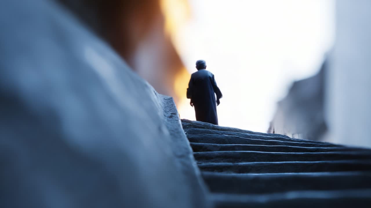 A figure ascends a series of steps, their silhouette highlighted against a softly blurred urban backdrop, evoking a journey of solitude and contemplation