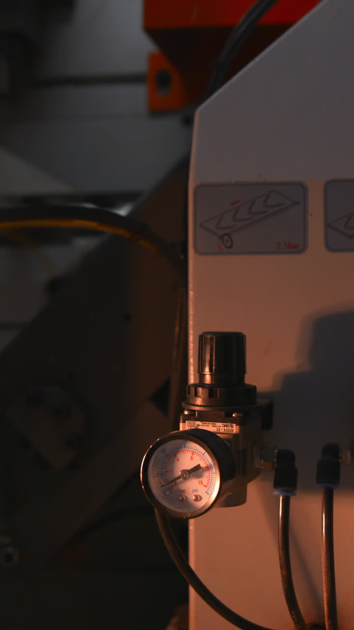 Control Panel With Dual Pressure Gauges And Tangle Of Cables, Warm Workshop Lighting, Monitoring Station. Media