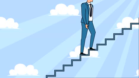 flat cartoon businessman character goes up the career ladder stairs animation