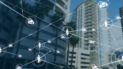 animation of network of connections with icons over cityscape
