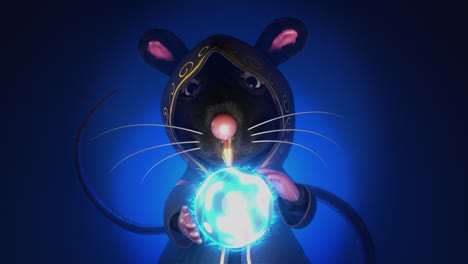 3d rendering motion looping scene of the wizard mice fortune teller with a magic crystal ball in dark blue scene with alpha channel in the end section.