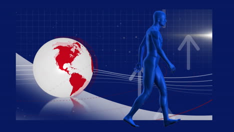 animación de un modelo humano digital sobre el globo y flechas sobre fondo azul