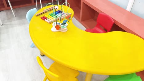 bright tables and chairs with art materials