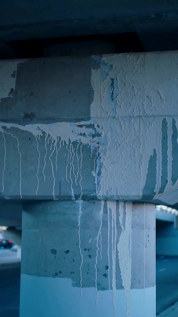 Vertical video: Shifting after jolt, camera holding pillar and beam underpass showing paint drips