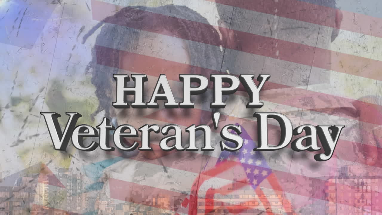 아들을 안아주는 아프리카계 미국인 군인에 대한 미국 국기 위의 행복한 참전용사 날 문자