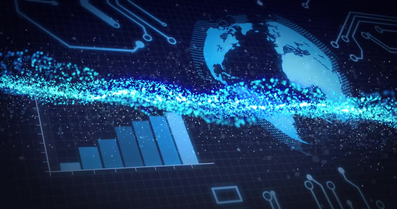 Flowing cyan-blue particle stream cutting through grid interface while bars rising under world map