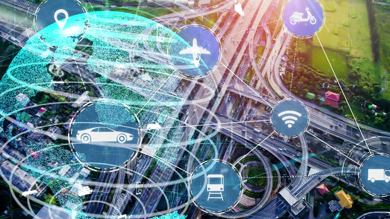 뉴이시 시 도로에서 미래의 자동차 교통을 위한 스마트 교통 기술 개념