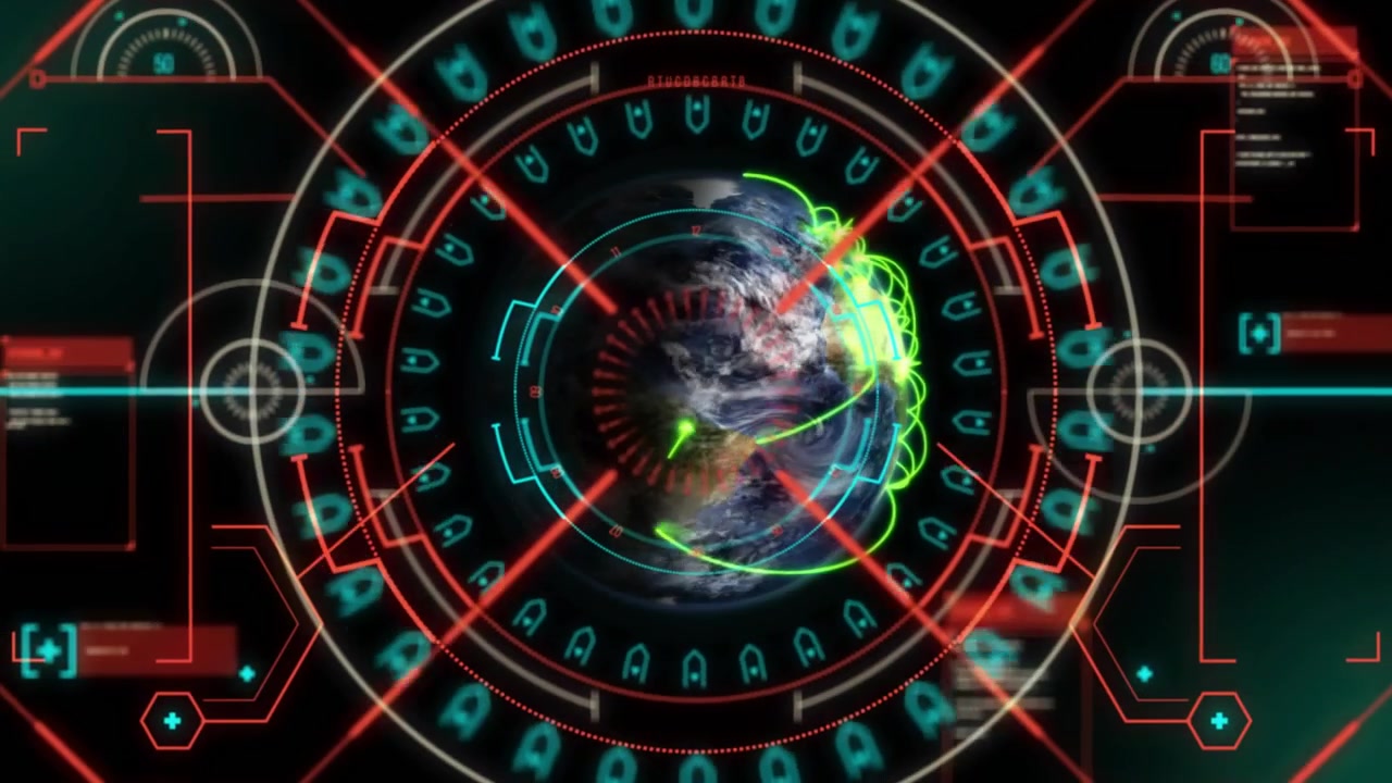 Anelli rossi rotanti che si bloccano attorno alla Terra, tracce al neon convergenti dell'HUD che vorticano verso un reticolo bloccato.