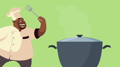 afro chef trabajador con olla animación de personajes cómicos