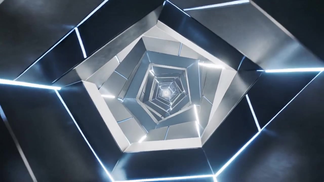 Mendorong kamera mengirim terowongan pentagon berputar ke dalam di studio menuju inti terang, jahitan LED berdenyut
