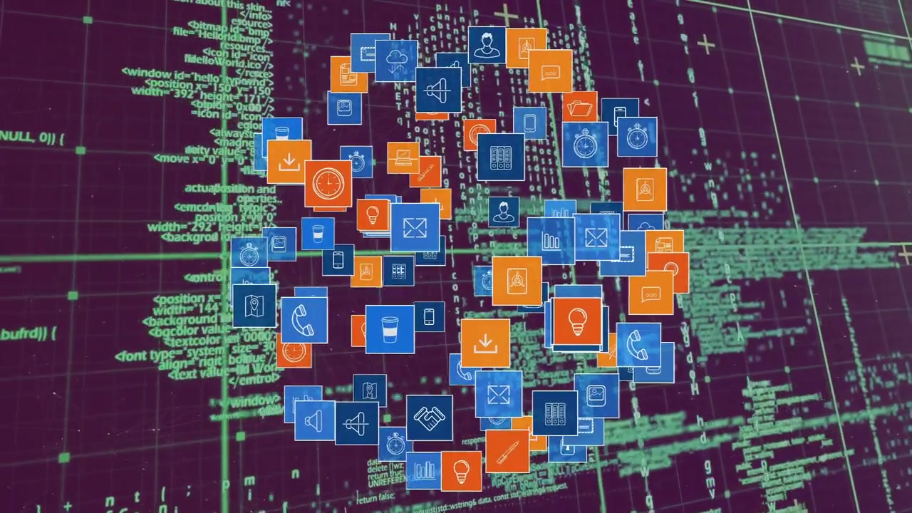 Center spawning icons sparking cluster rotating, parting, orbiting and growing to show code flow