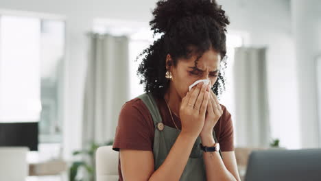 Woman,-tissue-and-blowing-nose-in-work-from-home