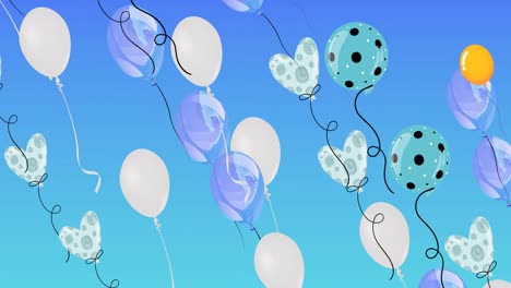 animation of colourful balloons flying on blue background
