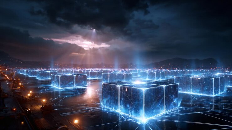 An Enigmatic Nightscape Featuring Futuristic Glowing Cubes Illuminating a Dark Skyline, Mysterious Light Beams Emerge Amidst Ominous Clouds Over a Serene Water Surface with Reflections