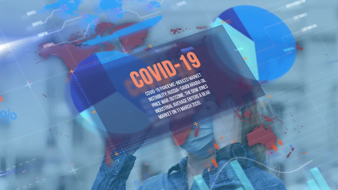 세계 지도 위의 코로나 19 데이터 처리 애니메이션과 얼굴 마스크를 입은 여성