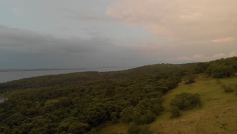 Toma-Aérea-Moviéndose-A-Través-Del-Paisaje-Africano-En-El-Sol-De-La-Mañana-Temprano-En-El-Lago-Victoria