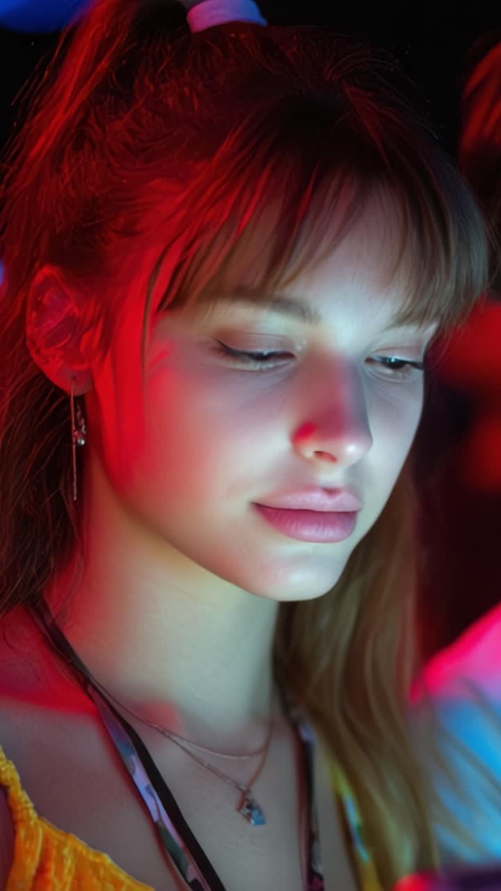 Gioventù accattivante: Un ragazzo e una ragazza impegnati in un'interazione illuminata tra colori vivaci e bagliori soffusi, ognuno immerso nelle proprie esperienze digitali uniche.