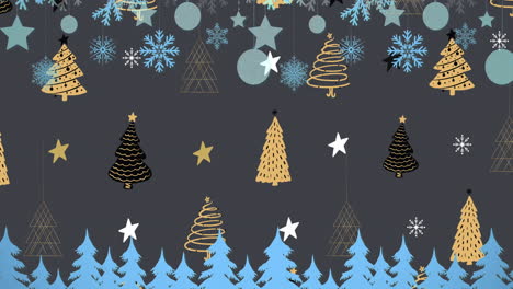animación de copos de nieve cayendo sobre los árboles de navidad