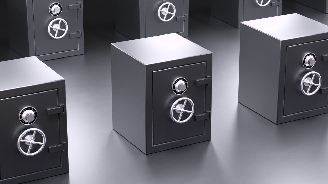 Many safe deposit boxes. Security and bank concept. 4K loop Animation.