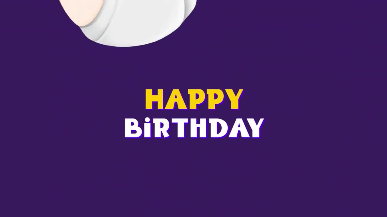 animación del texto de feliz cumpleaños sobre bebés que se mueven en bucle sin costuras sobre fondo púrpura