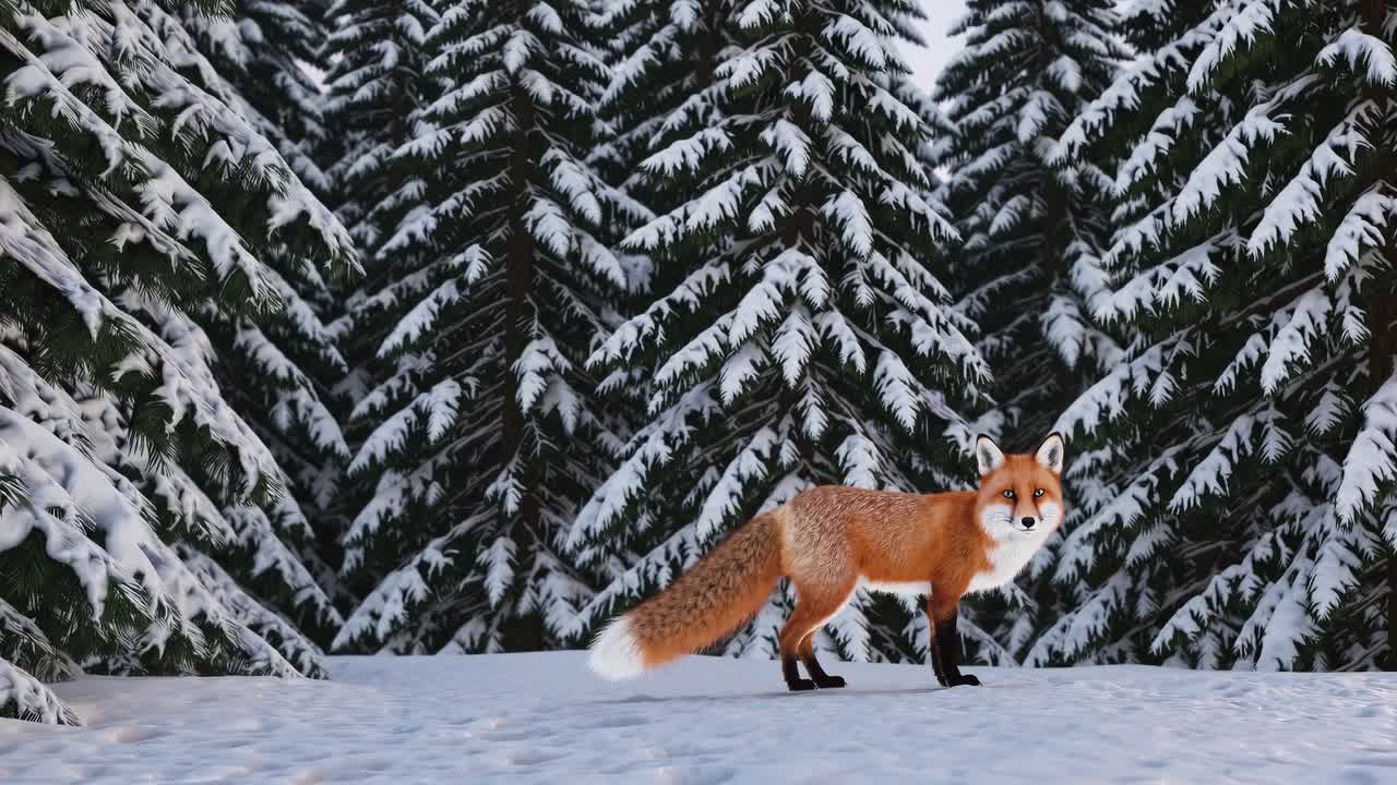 A fox walks through a snowy forest, captured from a side angle