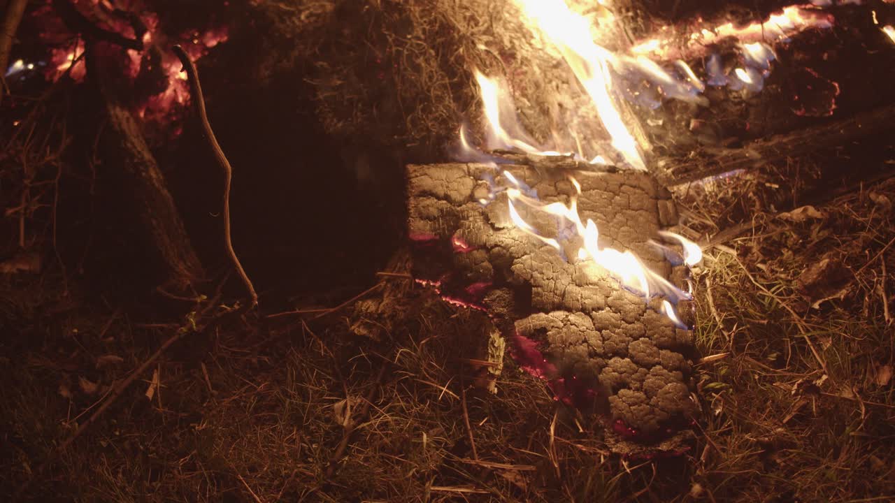 모닥불 옆에서 불타는 나무 조각