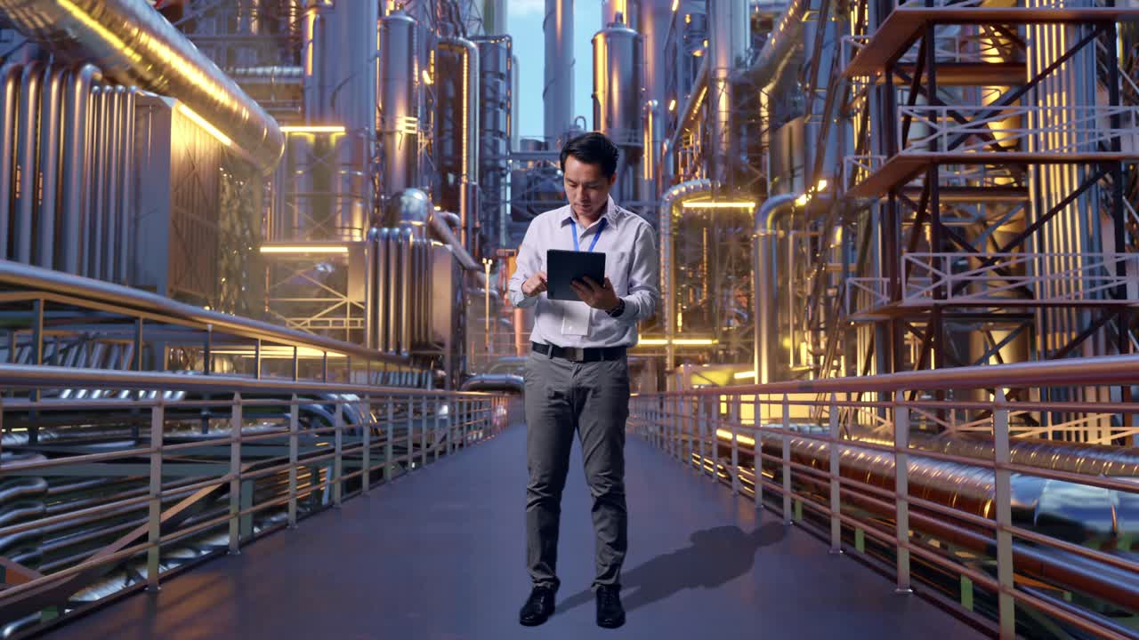 Full Body Side View Of An Asian Male Professional Worker Standing With His Tablet At A Vast Oil Refinery, Typing On His Tablet'S Keybaord With Meditation