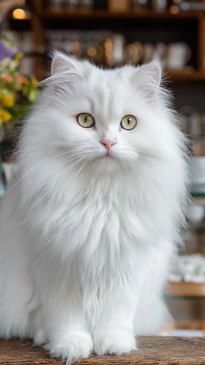 Kucing Putih Megah Duduk Anggun di Permukaan Kayu Dikelilingi Cahaya Lembut dan Dekorasi Hangat, Menangkap Pesona Kucing Domestik dalam Suasana Nyaman.