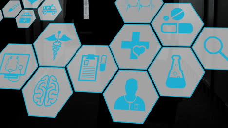 animación de formas hexagonales con iconos médicos que se mueven sobre el hombre que camina en el pasillo del hospital