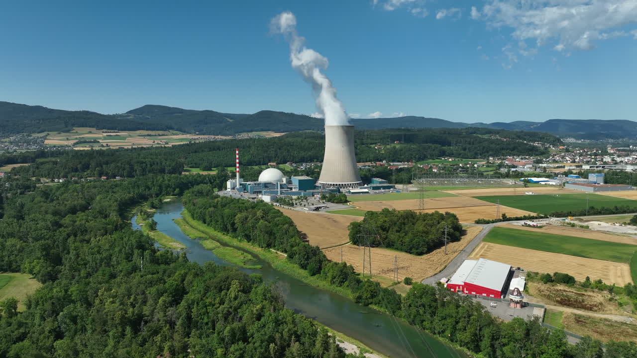 Nuclear power plant G&ouml;sgen on sunny summer day drone dolly forward