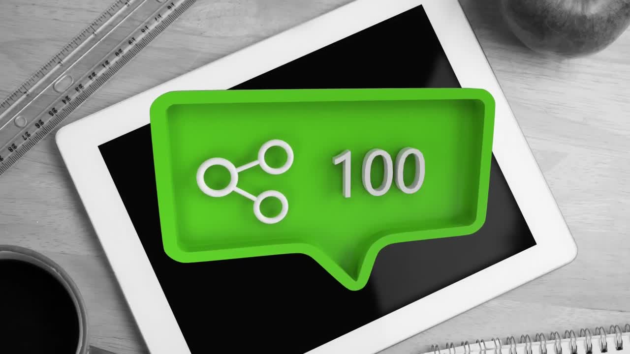 compartir el símbolo y aumentar los números sobre la tableta en la mesa