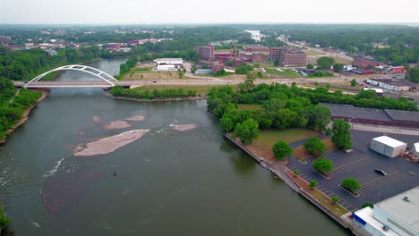 inspiring aerial of rock river, morgan street bridge, the pedestrian bridge from rockford illinois, usa