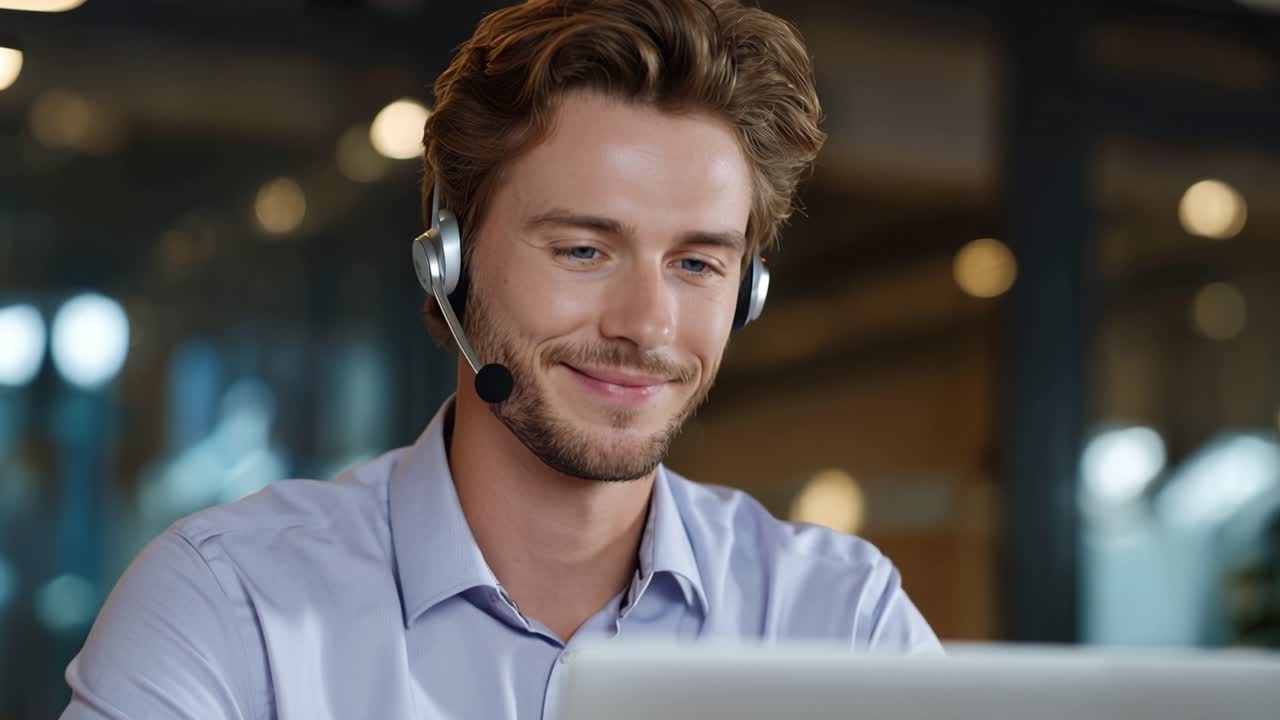 Ung mann med headset, fokusert på laptop. Han smiler forsiktig, viser en rolig og oppmerksom fremtoning. Kontorbakgrunnen er uskarp, varme lys gløder bak. Ideell for kundestøtte, fjernarbeid.
