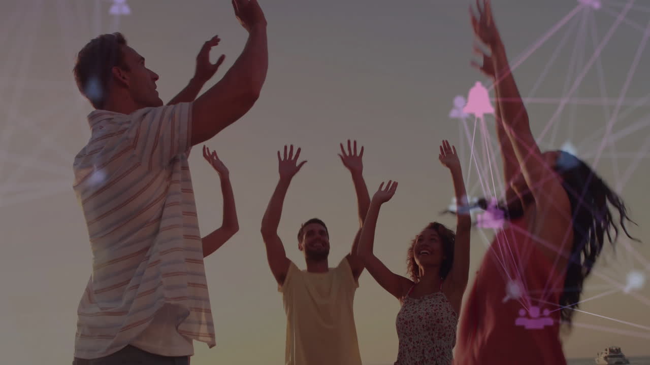 Raising hands and smiling, group of friends with network connections animation