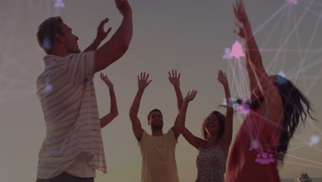 raising hands and smiling, group of friends with network connections animation