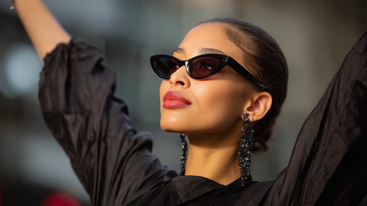 En selvsikker kvinde omfavner øjeblikket med elegance, iført smarte solbriller og et stilfuldt sort outfit, der udstråler empowerment og fashionable vibes