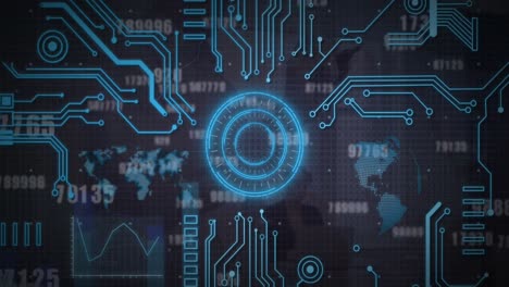 animación de escáneres redondos, conexiones de microprocesador contra números cambiantes y procesamiento de datos