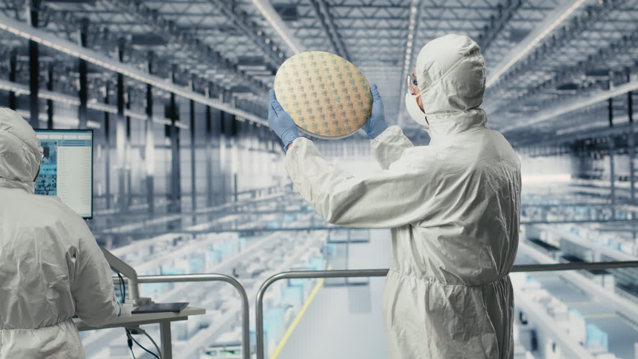 Evaluating silicon wafer prototype, engineering and team analyzing microchips