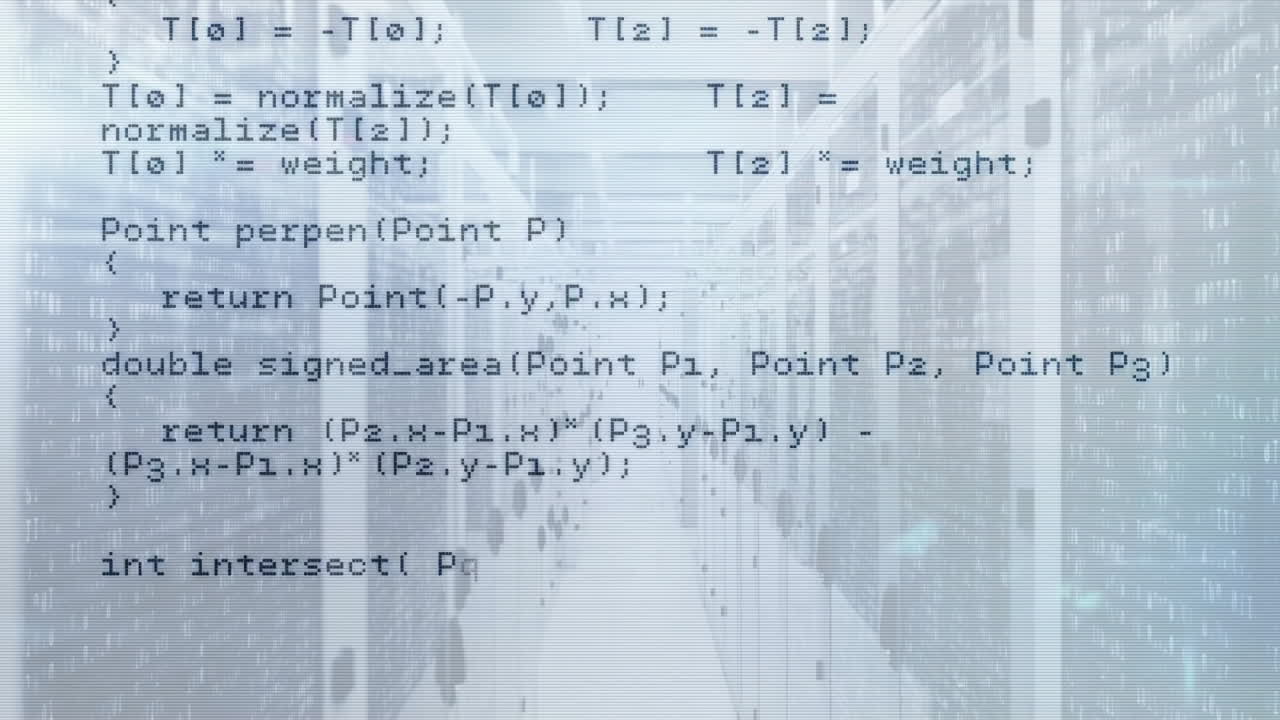 Walking in hallway, people with computer code animation overlay