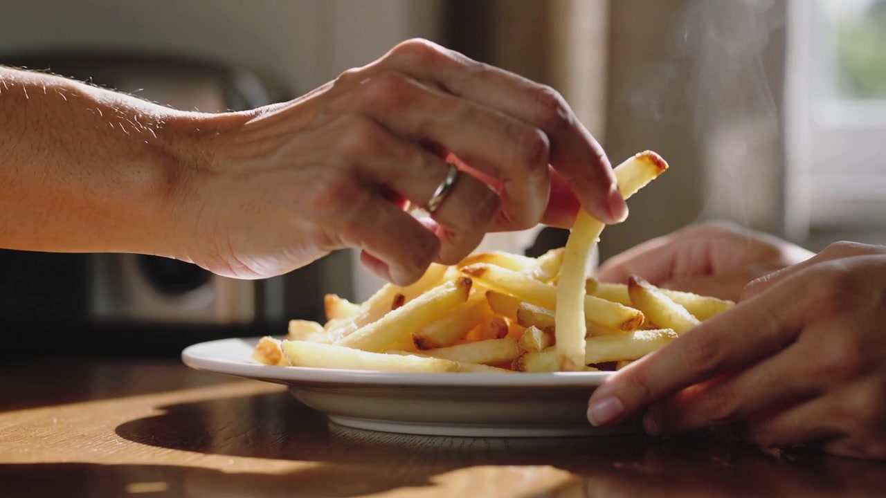 Steam rising, ringed hand pinching fry while hand steadying plate on kitchen table to share snack